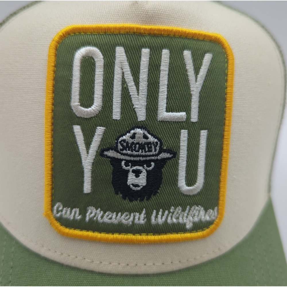 Smokey Bear Only You Prevent Wildfires Trucker Hat Mesh Snapback Green Cream NEW - Picture 4 of 12